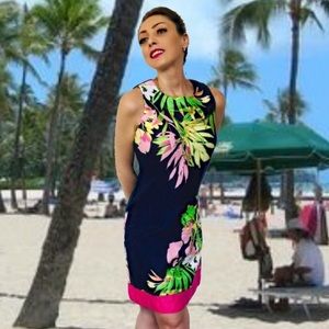 Taylor Textured Tropical Navy and Hot Pink Dress